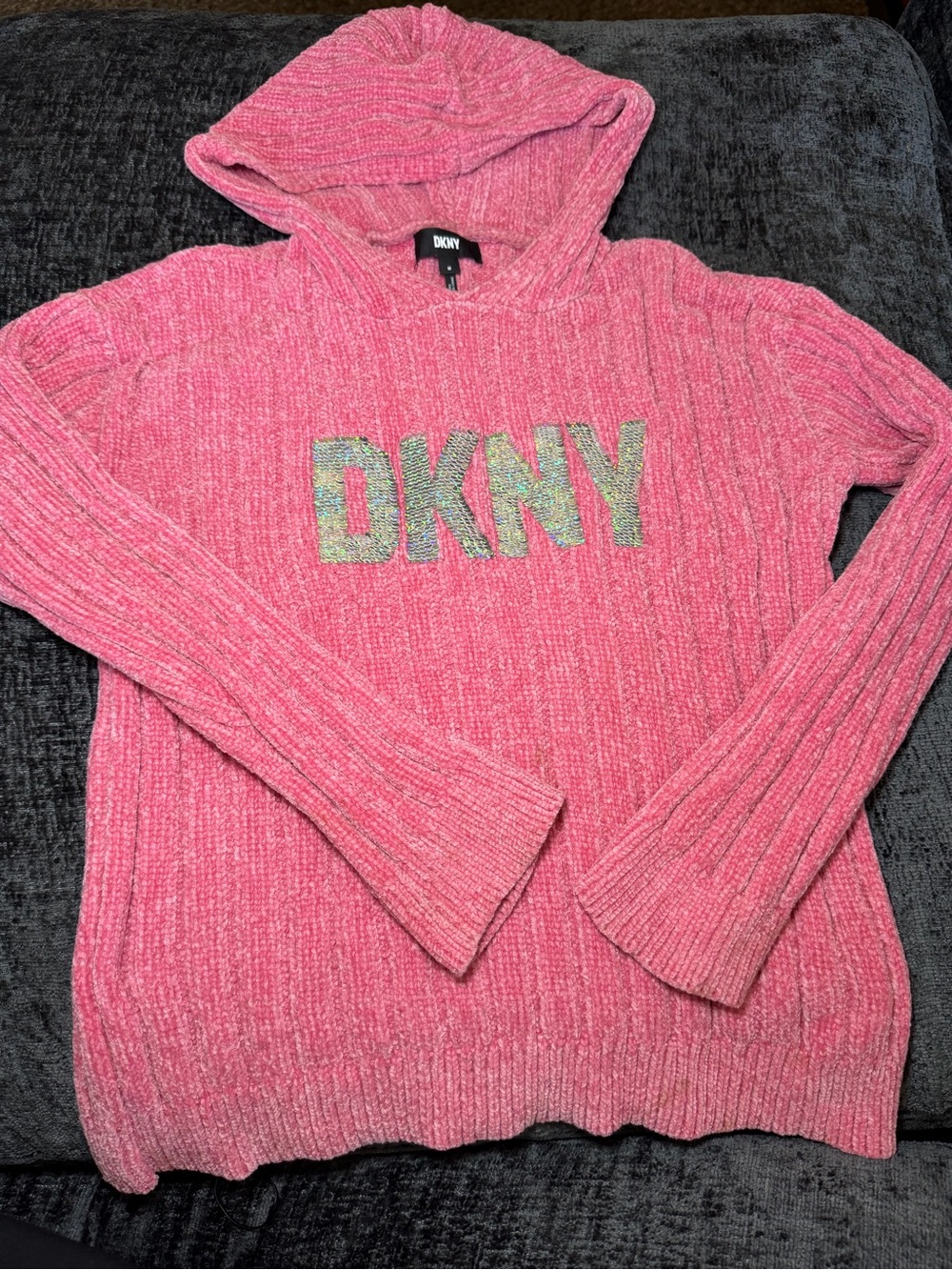DKNY Girls Pink Chenille Hoodie Sequin Logo Size Medium